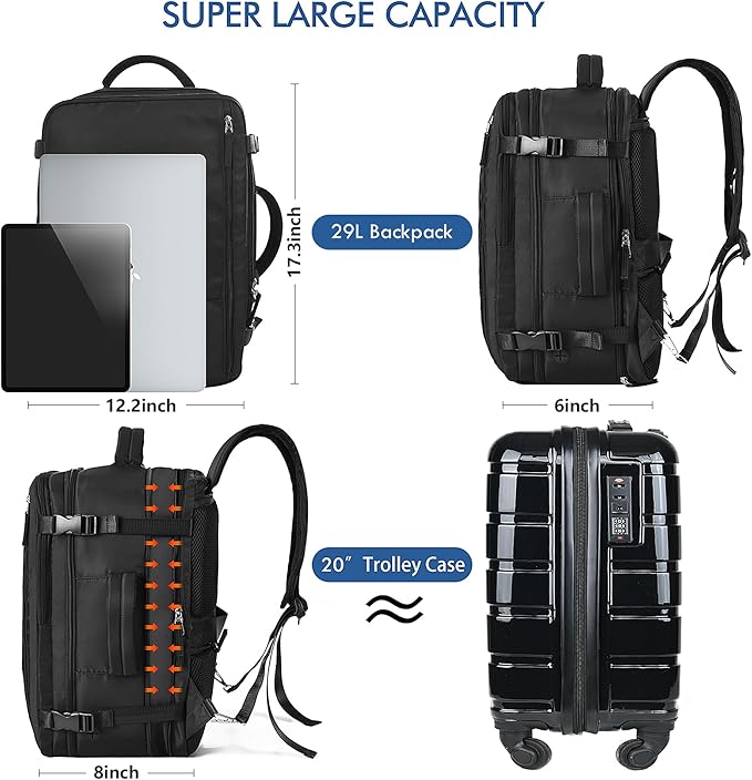 Beraliy Travel Backpack for Men Women, Large Carry On Backpack, Personal Item Bag Airline Approved, 17 inch Laptop Backpack, Business Work Gym Weekender Bag, Black