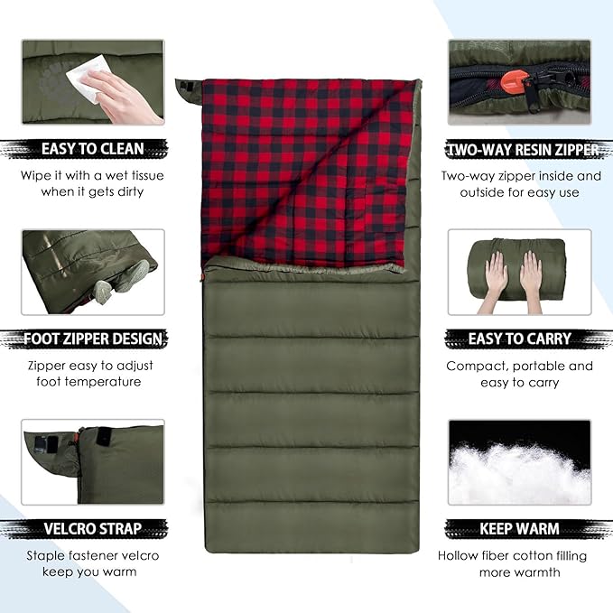 0 Degree Sleeping Bag Cotton Flannel Winter Cold Weather for Adults XXL Sleeping Bag 4 Season Big and Tall with Pillow Compression Sack