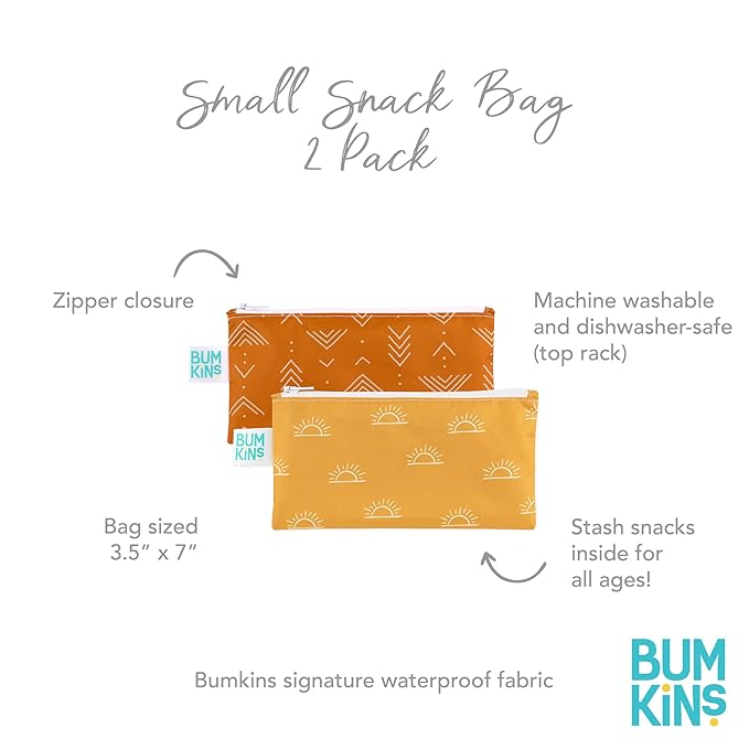 Bumkins Reusable Snack Bags, for Kids School Lunch and for Adults Portion, Washable Fabric, Waterproof Cloth Zip Bag, Supplies Travel Pouch, Food-Safe, 2-pk Desert Boho