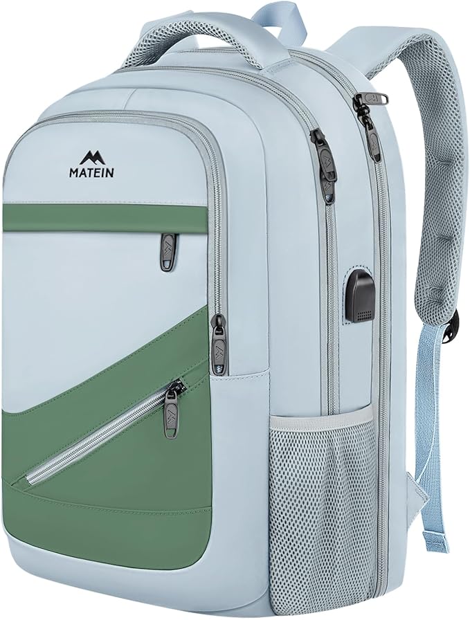 MATEIN College Laptop Backpack for Women, Stylish 17 Inch Lightweight Outdoor Bag with USB Charging Port & Luggage Strap, Water Resistant Large Travel Computer Backpack, Blue Green