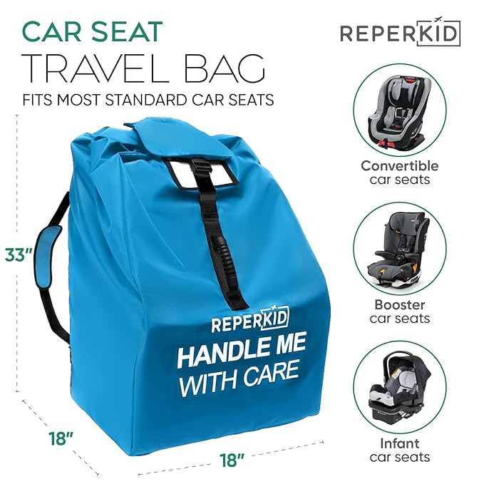 reperkid Car Seat Travel Bag for Airplane, Black and Green, 33" H x 18" W x 18" D, Fits Most Convertible, Booster and Infant Car Seats – Premium Waterproof Cover, Adjustable Shoulder Strap