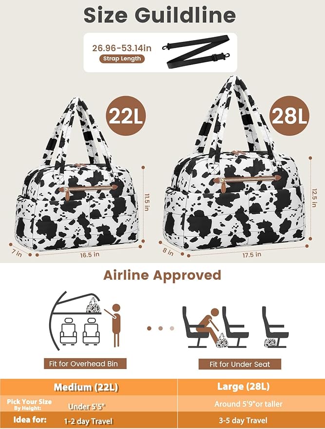 Travel Duffle Bag,Puffer Carry On Duffel Bag with Laptop Compartment Waterproof Overnight Weekender Bags for Women Large Hospital Tote Bags for Labor and Delivery(Medium,Cow Print)