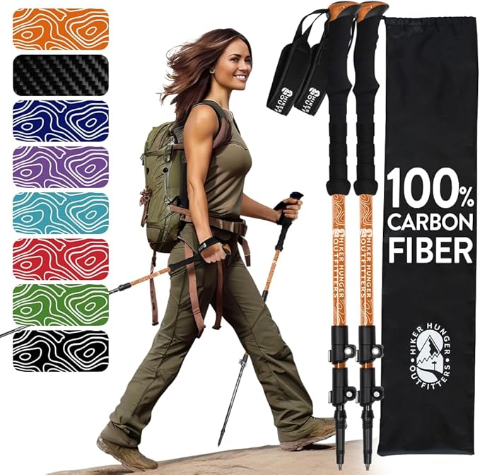100% Carbon Fiber Trekking Poles by USA Brand - Ultra Strong Lightweight Collapsible Hiking Poles with Cork and EVA Foam Grips & Quick Adjustable Flip Locks