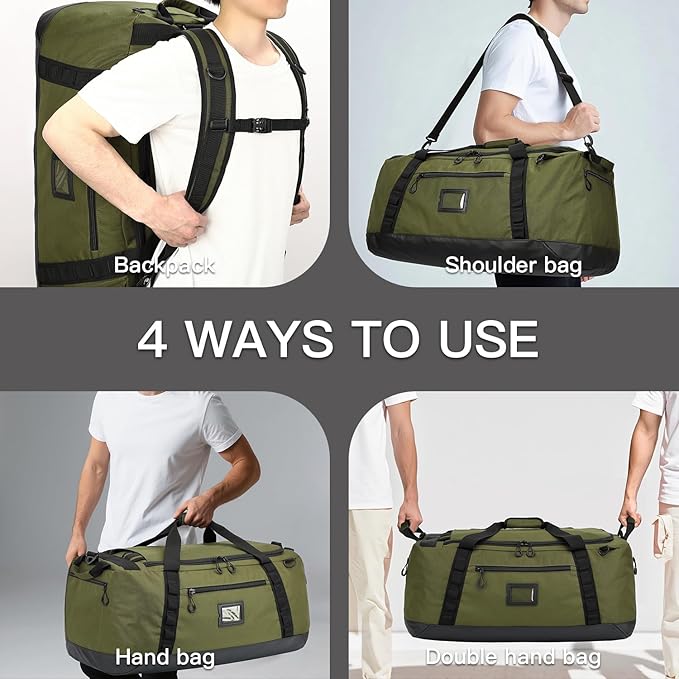 TUGUAN Extra Large Travel Duffle Bag Backpack for Men with Adjustable Dividers 120L Big Weekend Overnight Bag with ID Pocket Shoulder Strap Heavy Duty Sports Duffel Bags for Camping Gym, Green