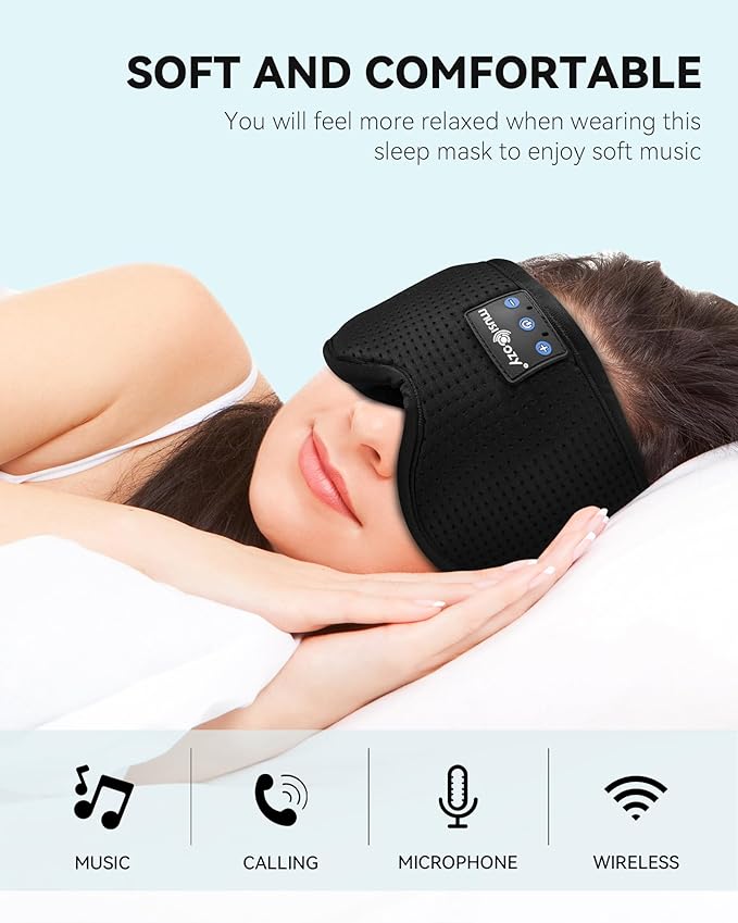 MUSICOZY Sleep Headphones Masks, Headphones Masks for Sleeping Wireless Music Mask, Bluetooth Sleep Eye Mask for Sleeping for Side Sleepers Men Women with Speakers Cool Tech Gadgets Gifts