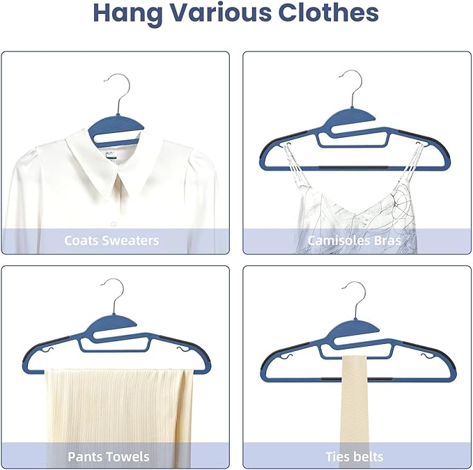 BAGAIL Plastic Hangers 50 Pack with Non-Slip Design,0.2 Inches Thick, 360°Swivel Hook Space Saving Organizer for Bedroom Closet,Shirts,Pants(Navy- S Shaped)