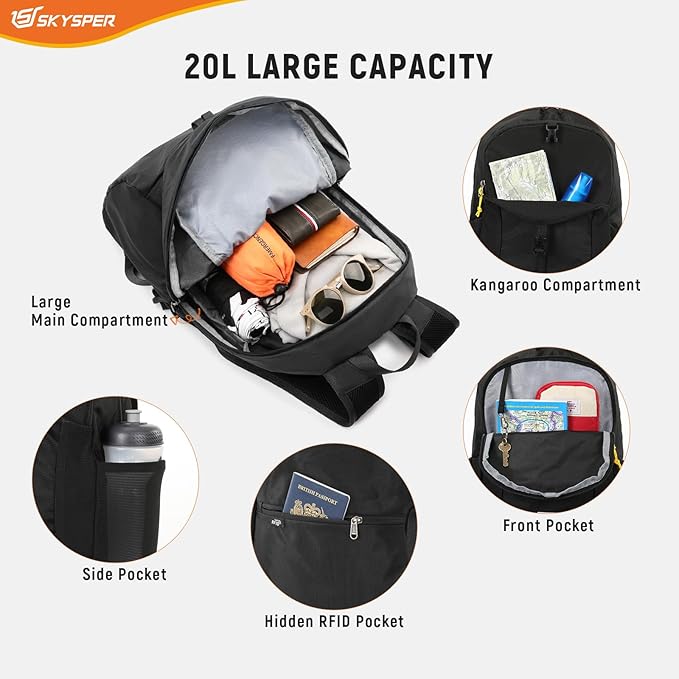 SKYSPER Small Hiking Backpack for Men Women 20L RFID Packable Daypack Ultralight Foldable Back Pack Lightweight Collapsible Travel Day Pack