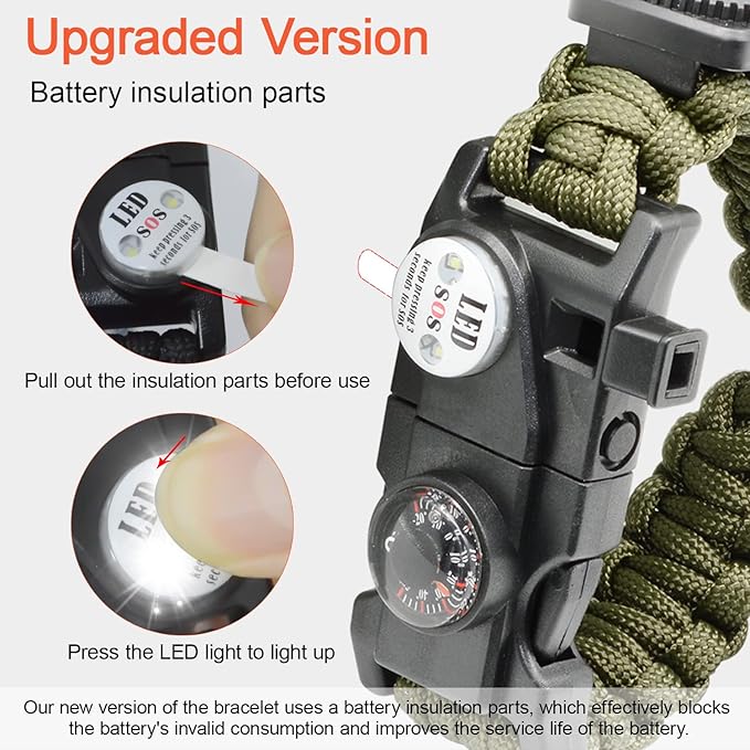 20 in 1 Survival Paracord Bracelet Adjustable Gear Kit with SOS LED Light, Fire Starter, Bigger Compass, Survival Whistle, Perfect for Camping, Hiking, Fishing