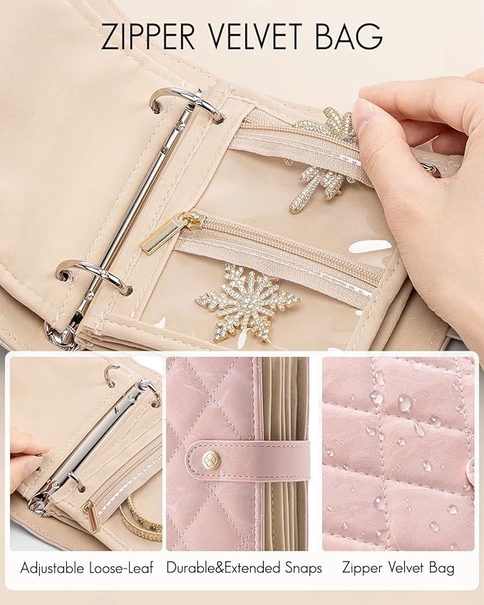 Vlando Travel Jewelry Organizer Case,Gifts for Women,Portable Jewelry Storage Book Ring Binder with Clear Zipper Velvet Pouch Bag for Traveling,Rings,Necklace,Earrings,Bracelets,Brooches-Sand Pink