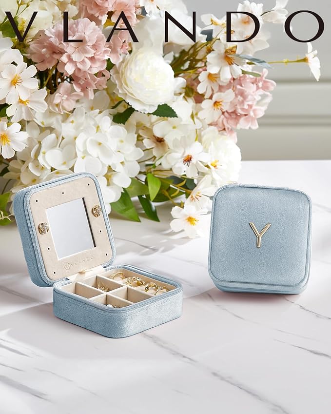 Vlando Travel Jewelry Box for Girls Women, Initial Jewelry Organizer Box Travel Must Haves Jewelry Case for Girls, Necklace Earrings Ring Box Travel Gifts for Sister Daughters - Letter R, Blue