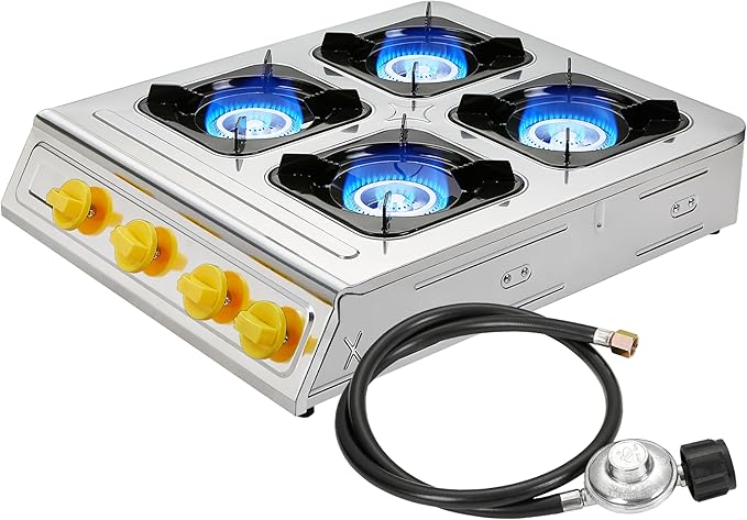 Vivicreate 4 Burner Propane Gas Stove 40000 BTU Stainless Steel Cooktop with Enamel Pan Support Electronic Ignition for Camping Outdoor Cooking BBQ Estufa de Gas Portátil Fogón de Gas