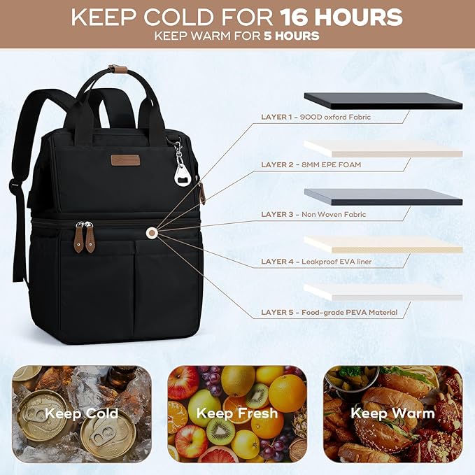 Maelstrom Cooler Backpack, 36 Cans Insulated Backpack Cooler, Soft Leakproof Double Deck Cooler Bag, Lightweight Lunch Backpack for Men & Women,Perfect for Beach Travel, Camping & Work-Black