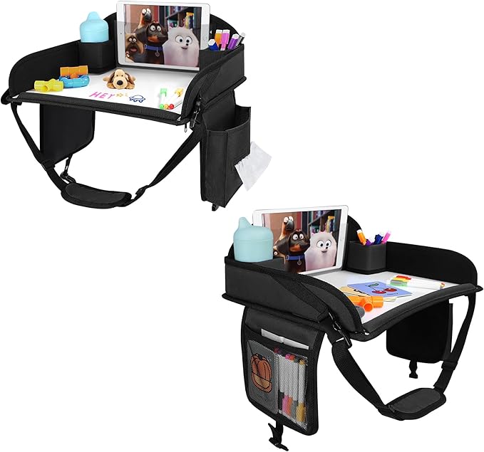 Kids Travel Tray for Toddler Car Seat, Lap Tray for Girl Activities with Dry Erase Board & Cooler Cup Holder, Road Trip Essentials Accessories with No-Drop Large Tablet iPad Holder Stand,2Pc Black