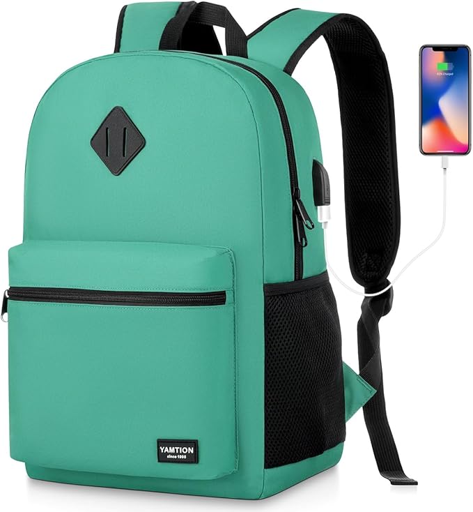 School Backpack for Teens,Green Bookbag Classic Backpack with USB Port for High School College Students