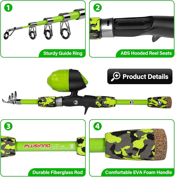 PLUSINNO Kids Fishing Pole with Spincast Reel Telescopic Fishing Rod Combo Full Kits for Boys, Girls, and Adults