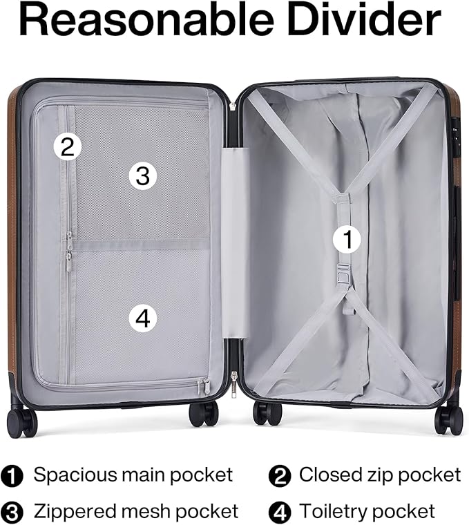 Hanke 24 Inch Luggage Suitcases With Spinner Wheels Lightweight PC Hard Shell Rolling Suitcase With Travel Lock,Checked-Medium 24-Inch （Brown）