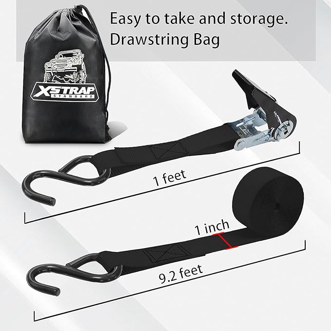 XSTRAP STANDARD Ratchet Tie Down Straps 8PK 1'' x 10 ft - 900 LB Break Strength Cargo Straps for Moving Appliances, Lawn Equipment, Motorcycle (Black)