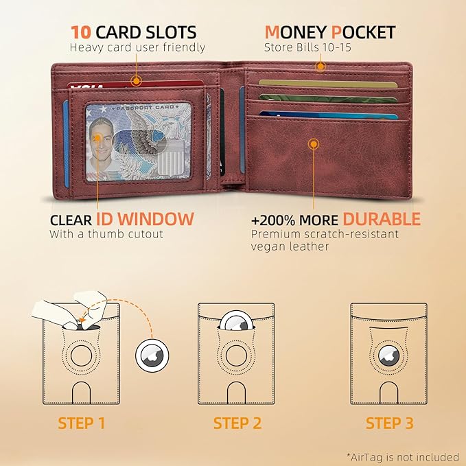 RUNBOX AirTag-Wallet-Mens-Slim-RFID Blocking Wallets Leather with Bill Compartment Air Tag Bifold Card Holder Wallet Gifts for Men Dad