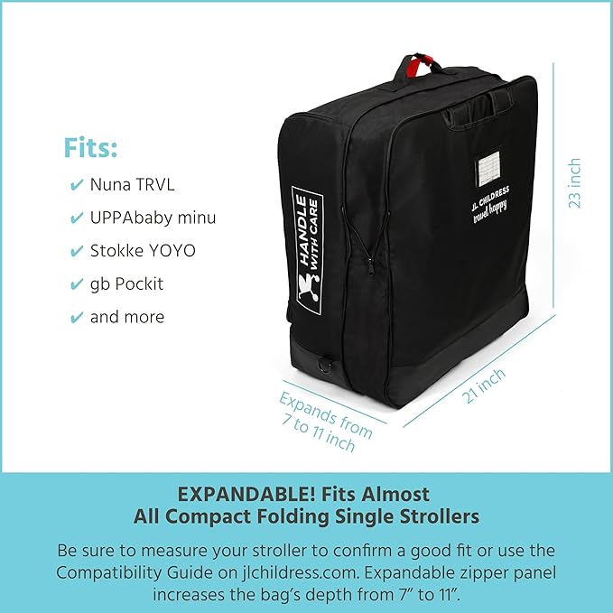 J.L. Childress Compact Travel Stroller Bag for Airplane - Fits Most Compact-Fold Single Baby Strollers, Compatible with UPPAbaby MINU, GB Pockit, Nuna TRVL & More, AirTag Compatible - Black
