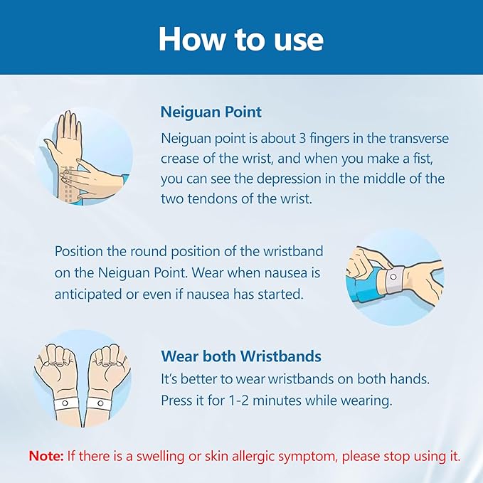 Motion Sickness Wristband, Anti-Nausea Acupressure Wrist Band for Nausea Relief, Dizziness and Vomiting from Car Sea Boat Flying Travel Sickness for Adults and Kids (Light Blue, Large, 2 Pairs)