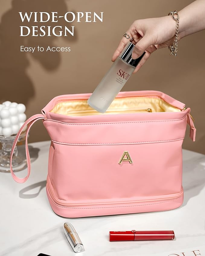 Initial Makeup Bags for Teens Girls, Personalized Double Layer Cosmetic Bag with Makeup Brush Organizer, Large Capacity PU Leather Travel Toiletry Bag, Gifts for Friends Female Mom