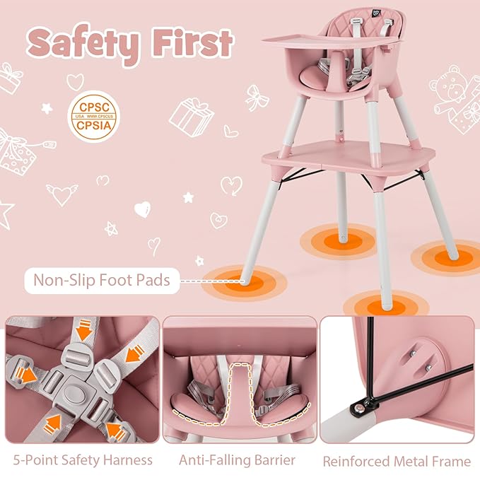 HONEY JOY 5-in-1 High Chair, Convertible Highchair for Babies and Toddlers/Kids Chair Table Set/Infant Feeding Chair w/Safety Harness, PU Leather Cushion & Removable Food Tray (Pink)