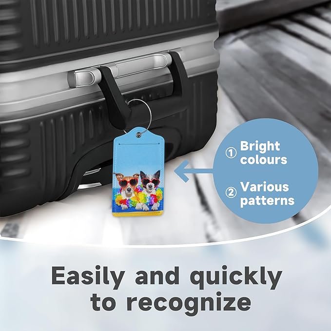 Dogs on Beach Luggage Tags for Suitcases,2 Pack Hawaii Luggage Tag,Leather Stainless Steel Loop Label Tag for Women Men Girls Travel Bag Suitcase