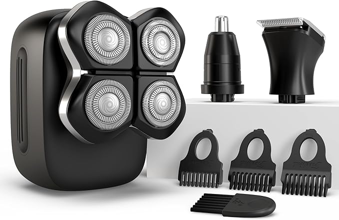 Freebird FlexSeries Pro Electric Head & Body Shaver - Mens Cordless Rechargeable Wet/Dry Skull Bald Head Back & Groin Waterproof Razor with Rotary Blades, Clippers, Nose Trimmer, Brush, Massager