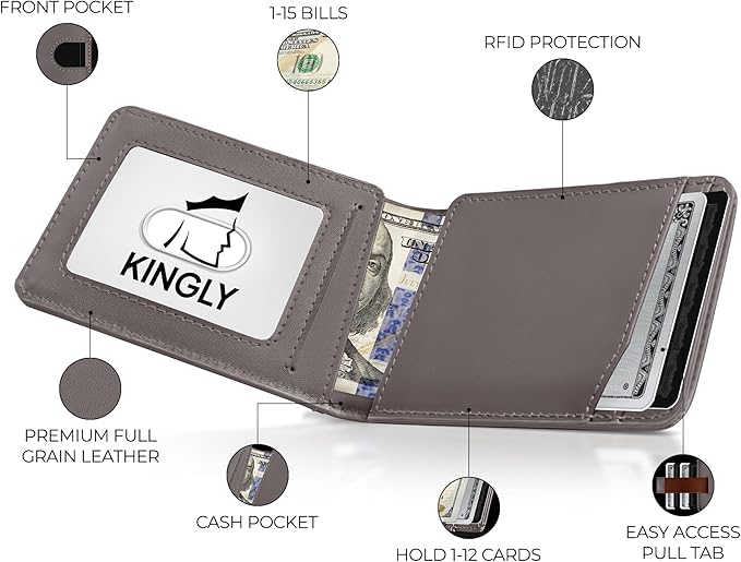 Kingly Cash Pocket Slim Wallet for Men - RFID Blocking Leather Card Holder - Minimalist Men’s Wallet for Front Pockets - Holds 1-15 Cards & Cash - Durable Italian Leather Wallets