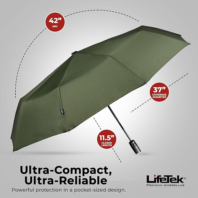 LifeTek Premium Travel Umbrella - Windproof & Compact for Men & Women, Automatic Open Close, Fits in Purse Laptop Bag or Backpack, Strong Frame for Heavy Rain & Sun UV Protection