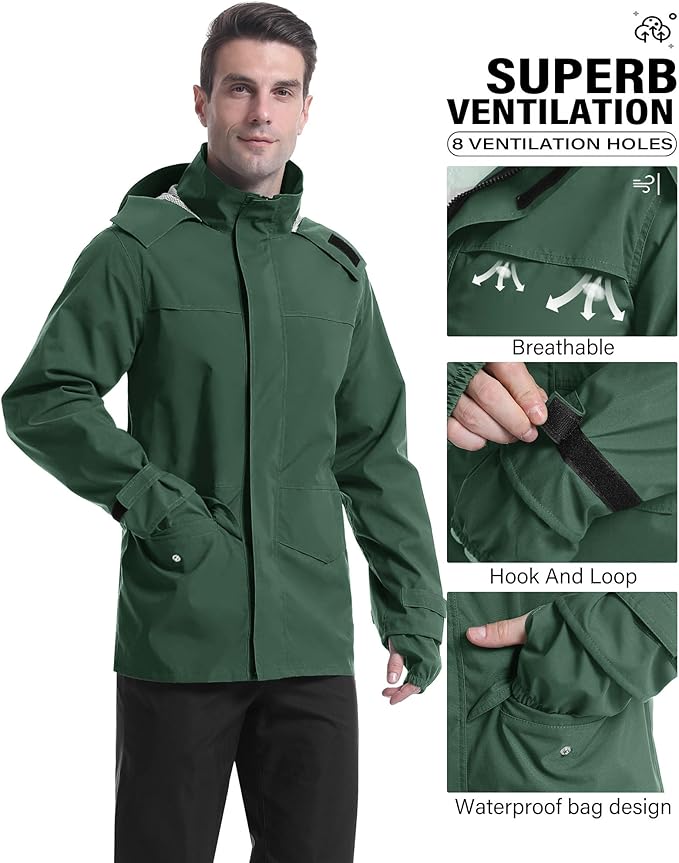 iCreek Rain Suit Waterproof Jacket with Pants 2 Pieces Breathable Lightweight Packable Raincoat with Hooded Rain Gear Unisex