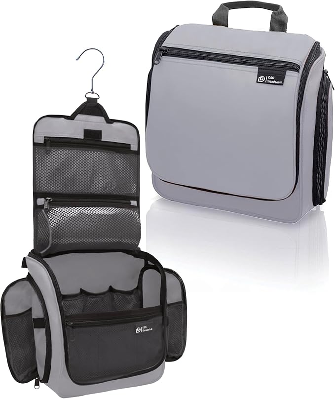 D&D Hanging Travel Toiletry Bag for Men and Women - Extra Large Hanging Shower Bag and Toiletries Organizer Kit with 10 Compartments, Quality Zippers, XXL Metal Swivel Hook, Water-Resistant Nylon