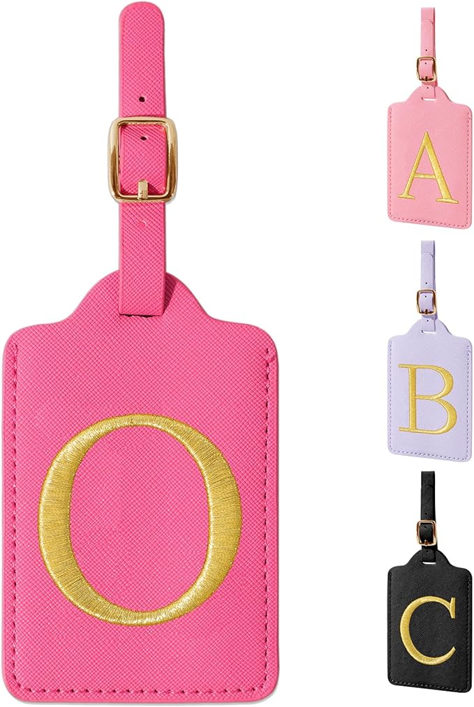 Personalized Initial Rose Red Leather Cute Luggage Tags with Privacy Cover Name Card, Embroidered Custom Monogram Travel Backpack Tag Gifts for Women Kids