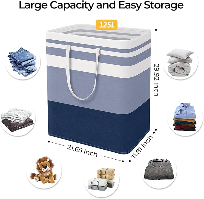 HomeHacks 2-Pack Large Laundry Basket, Waterproof, Freestanding Laundry Hamper, Collapsible Tall Clothes Hamper with Extended Handles for Clothes Toys in the Dorm and Family (Blue, 125L)