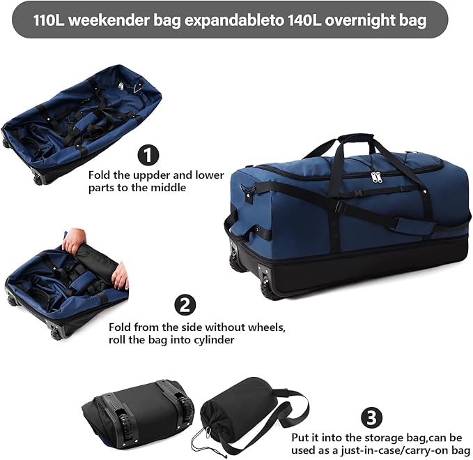 Rolling Duffle Bag with Wheels,110L/140L Expandable Soft-Sided Foldable Duffle Bag with 2 Rubber Wheels,Packable 32” Rolling Carry-On with Multi-Pockets & Compartments (Blue)
