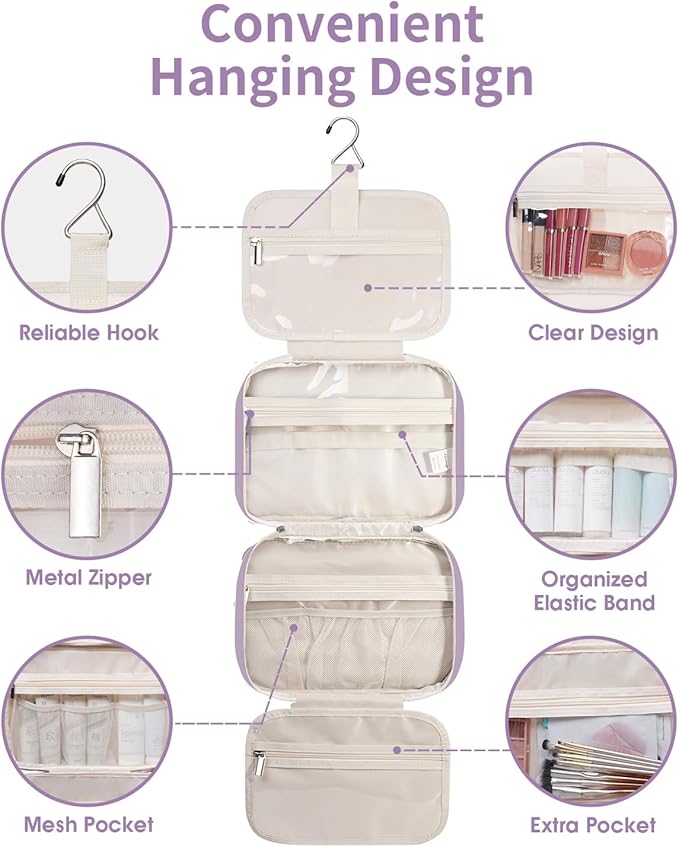 Travel Toiletry Bag for Women Large Hanging Makeup Bag Organizer Toiletries Bag for Full Size Essentials Accessories Cosmetics (Purple (Large))
