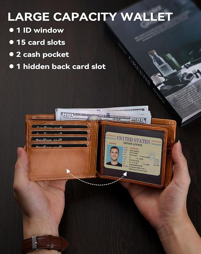 Swallowmall Mens Wallet Rfid Blocking Genuine Leather Bifold Wallets with 1 ID Window 15 Card Slots