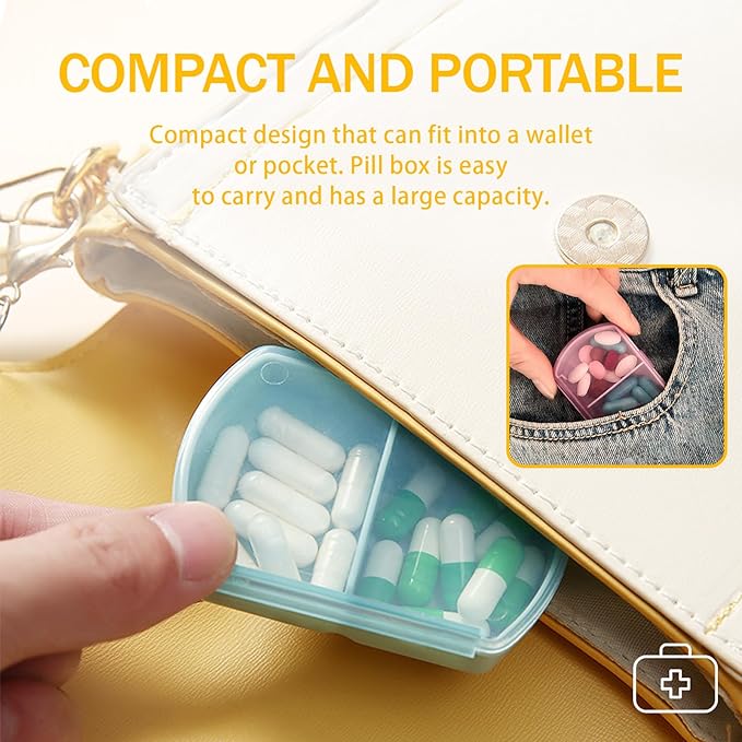 4PCS Small Pill Case Travel Pill Box Cute Pill Organizer for Purse Portable Daily Medicine Organizer 2 Compartment Pill Holder for Vitamins, Fish Oil, Supplements