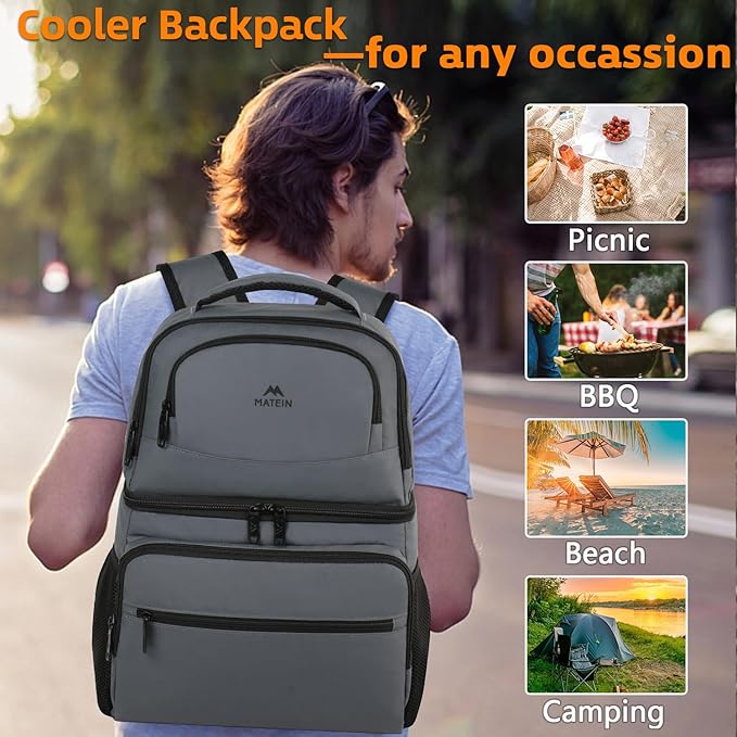 MATEIN Cooler Backpack, 26 Cans Insulated Lunch Backpack for Men Women, Leakproof Double Layer Lunch Cooler Bag Lightweight Soft Lunch Backpack with Cooler Compartment, Beach Camping Hiking Beer Gifts