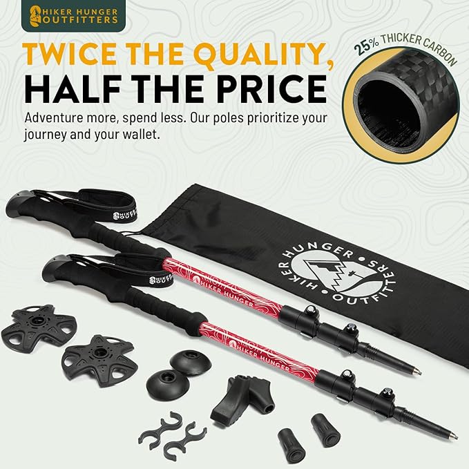 100% Carbon Fiber Trekking Poles by USA Brand - Ultra Strong Lightweight Collapsible Hiking Poles with Cork and EVA Foam Grips & Quick Adjustable Flip Locks
