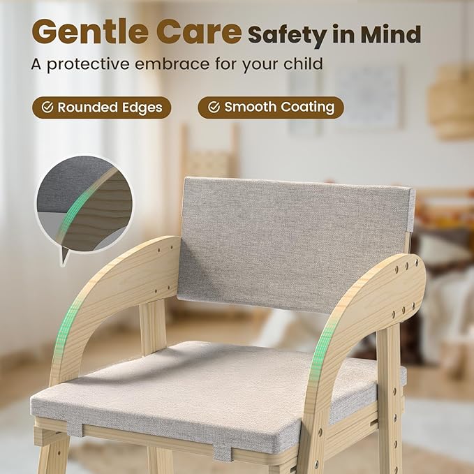Easyego Wooden High Chair, Height Adjustment for Babies and Toddlers Aged 3-12, up to 130 lbs, Widened Foot Pedal as Steps for Kids Dining & Removable Washable Cushion (Natural)