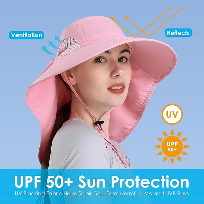Womens Sun Hat UV Protection, Foldable Waterproof Wide Brim Bucket Hats with Neck Flap for Summer Beach Fishing Hiking