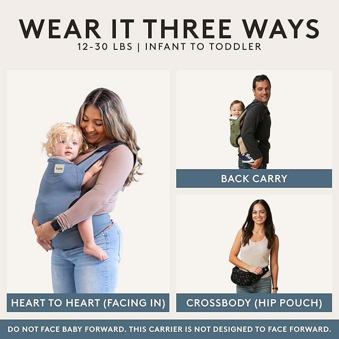 Baby Tula Lite Ripstop Nylon Compact Baby Carrier, Lightweight and Ergonomic Carrier for Travel w/Convenient Storage Hip Pouch, Multiple Carrying Positions for Babies 12lbs to 30lbs - Slate (Blue)