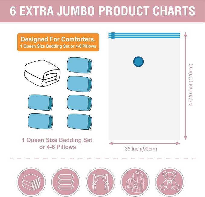 6 Pack XXL Jumbo Vacuum Storage Bags, Extra Large Vacuum Seal Bags for Comforters, Bedding, Blanket Storage, Giant Space Saver Bags for Huge Stuffed Toy (47.2x35 in)