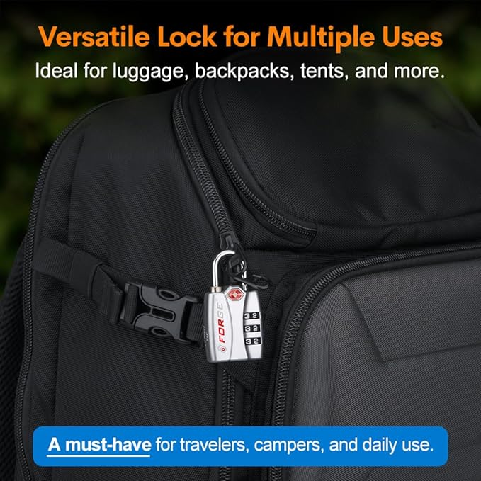 Forge TSA Luggage Combination Lock - Open Alert Indicator, Easy Read Dials, Alloy Body- Ideal for Travel, Lockers, Bags (Silver)