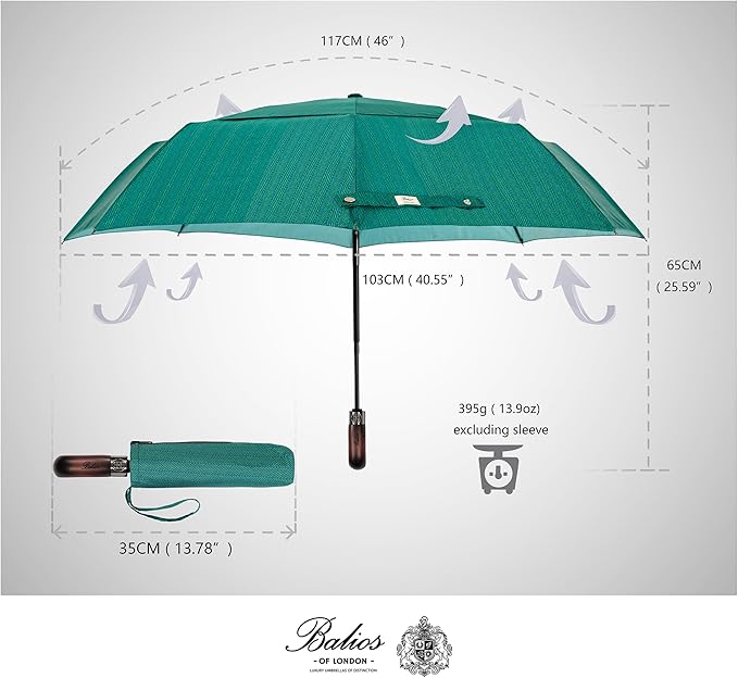 Balios Travel Folding Umbrella with Real Wood Handle Auto Open Close Vented Windproof Canopy - Designed in UK