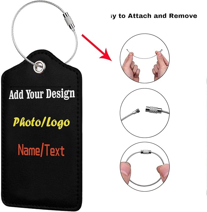 2 Pack Personalized Luggage Tags for Suitcases Travel with Photo Name Logo, Custom Leather Bag Tag for Women Girls Couples, Privacy Cover with Stainless Steel Loop Name Id Card Labels