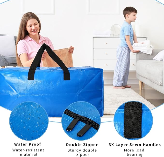 8 Pack Heavy Duty Extra Large Moving Bags Storage Tote - Strong Handles& Backpack Straps - Space Saving Storage Bags Alternative to Moving Boxes and Bins,Compatible with Ikea Frakta Cart, Blue