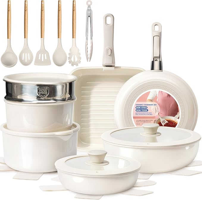 KIKCOIN Ceramic Nonstick Pots and Pans Set - Cookware Set with Detachable Handle - 25 Pack Stackable Cooking Set for RV Kitchen, with Frying Pans, Steamer - Induction/Dishwasher/Oven Safe, PFOA Free