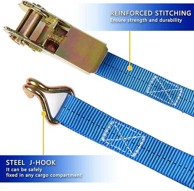 Ratchet Straps (4-Pack), 1 Inch x 16.4 Feet (2200lb Break Strength) with Sturdy Metal Hooks, 1x Work Gloves, Heavy Duty Tie Down Straps for Truck, Cargo Trailer, Motorcycle, Luggage, Moving (Blue)